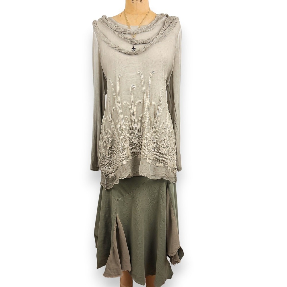 Y2K Silk Tunic Top Braided Cowl Botanical Embroidery Sequin Lagen Look Boho XL L
